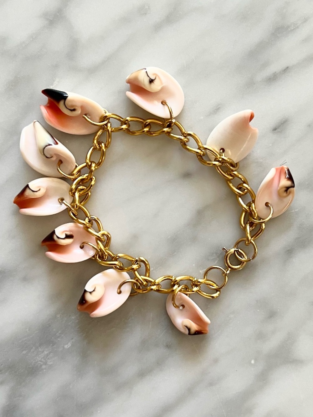 Vintage Cowrie Shell Charm Bracelet Gold Tone Coastal Boho
